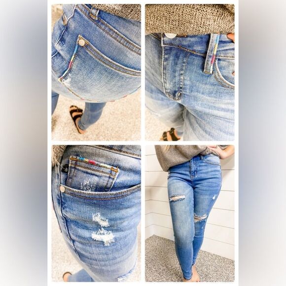 Judy Blue Rainbow Stitched Skinny Jeans Blue Distressed - Picture 1 of 9